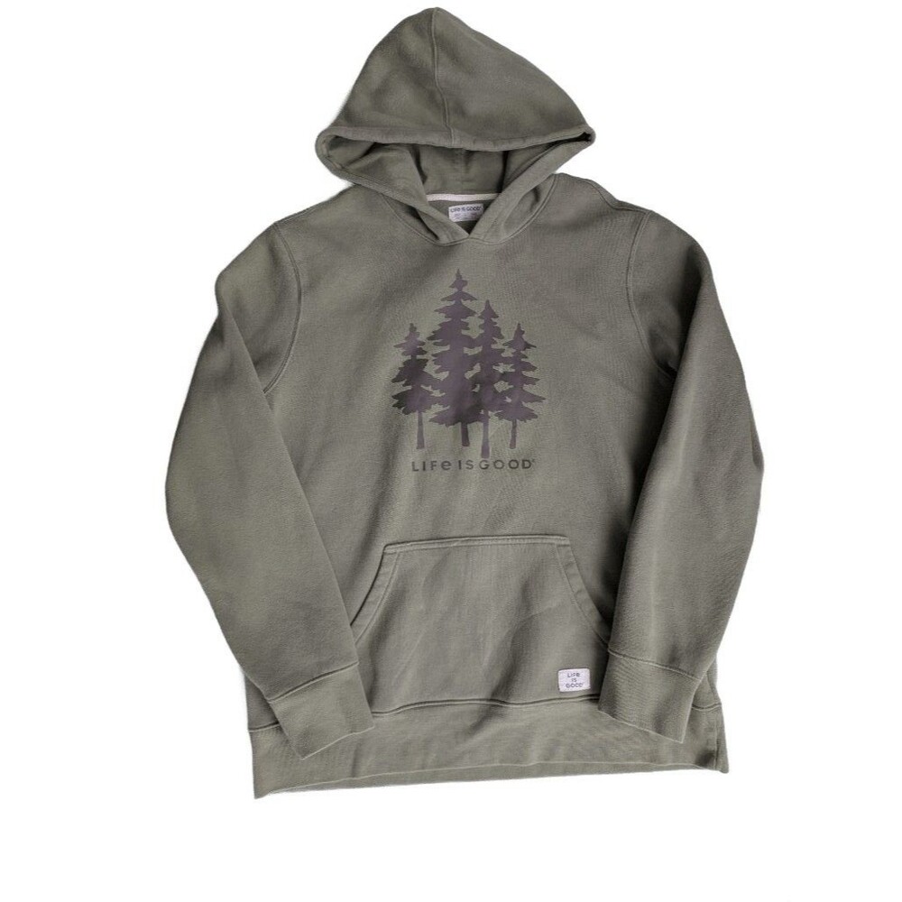 Life Is Good Mens Large Olive Green Pine Trees Pullover Hoodie Sweatshirt Sz L